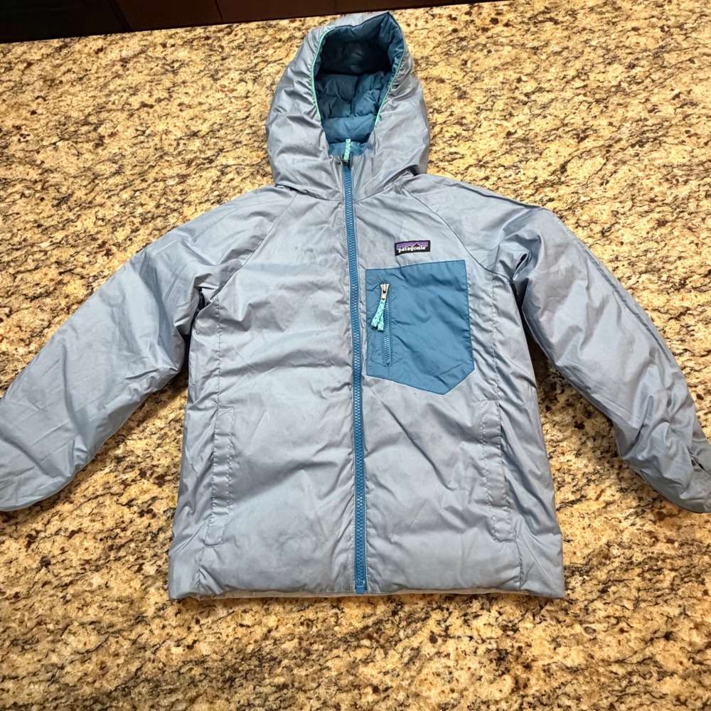 Patagonia Boy Reversible Hooded Puffer Jacket Blue Teal Colorblock Quilted L ws